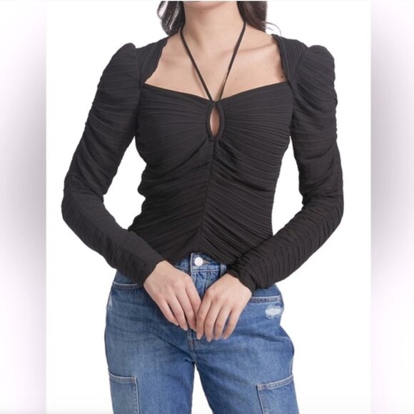 Frame Denim Tops - FRAME (NWT) Gathered Keyhole Tie Neck Top, Plissé-Crepe, Size L